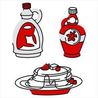 flat illustration depicting mouth watering fluffy pancakes lying on a plate, glass bottles with maple syrup. Decorated fresh berries. Illustration is made in red, white tones with a thin black outline vector