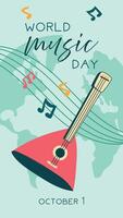 World Music Day poster, , text illustration. Flat illustration with balalaika and sheet music for web design. Vertical banner of a pink stringed musical instrument on the ground background vector
