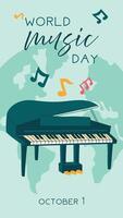 World Music Day poster, , text illustration. Flat illustration of a piano and sheet music for web design. Vertical banner of a blue stringed keyboard musical instrument on the ground background vector