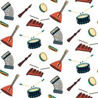 Pattern with musical instruments, colored flat illustrations. accordion, violin, xylophone, balalaika, drum, pipe, harmonica in different colors. Strings, wind instruments. Seamless musical texture vector