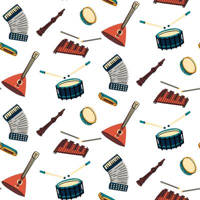 Pattern with musical instruments, colored flat illustrations. accordion, violin, xylophone, balalaika, drum, pipe, harmonica in different colors. Strings, wind instruments. Seamless musical texture