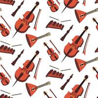 Pattern with musical instruments, colored flat illustrations. cello, xylophone, pipe, bow, balalaika, violin in brown colors. Strings, wind instruments. Seamless musical texture for printing on fabric vector