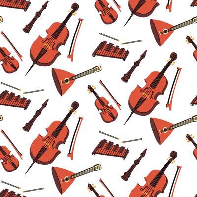 Pattern with musical instruments, colored flat illustrations. cello, xylophone, pipe, bow, balalaika, violin in brown colors. Strings, wind instruments. Seamless musical texture for printing on fabric