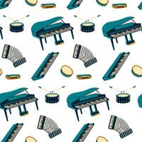 A pattern with musical instruments, colored flat illustrations. piano, tambourines, drum, harmonica, accordion, synthesizer, in blue colors. Seamless musical texture for printing on fabric vector
