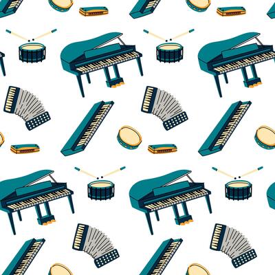 A pattern with musical instruments, colored flat illustrations. piano, tambourines, drum, harmonica, accordion, synthesizer, in blue colors. Seamless musical texture for printing on fabric