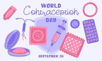 World Contraception Day, September 26th. A banner with various contraceptives for safe sex. Patch, condom, injections, pills on the background of the shield as a symbol of protection. Methods of birth vector