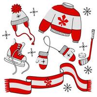 Flat doodle illustration of a winter sports kit in Canadian colors. Hockey skates a stick with a puck, a sweater, a scarf, a hat and mittens. Elements are made in red and white, snowflakes around vector
