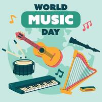 Poster dedicated to the World Music Day, text-illustration. A flat illustration for the October 1st holiday with musical instruments. Square banner guitar, drum, harp, flute with notes vector