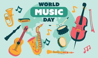 World Music Day, text illustration. Flat illustration for the music day banner on October 1 for web design, horizontal banner, guitar, drum, harp, flute, trumpet with notes vector