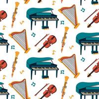 Pattern with musical instruments, colored flat illustrations. piano, violin, harp, flute, notes in different colors. Strings, wind instruments, keyboards. Seamless musical texture for printing fabric vector