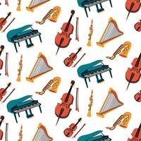 Pattern with musical instruments, colored flat illustrations. piano, saxophone, violin, cello, harp in different colors. Strings, wind instruments, keyboards. Seamless musical texture for printing vector