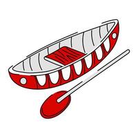 Flat illustration of a Canadian wooden kayak. The kayak is depicted in a characteristic shape, with a narrow hull, a sharp nose and a rounded stern. It is made in red and white colors vector