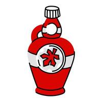 Flat illustration of a glass bottle with maple syrup. The red bottle has a classic shape with a handle, a twist-up lid and a label with a red maple leaf on it. An isolated object on white vector