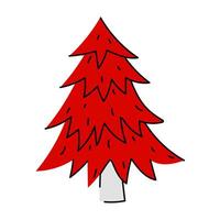 A flat illustration of a hand-drawn red Christmas tree. The Christmas tree is depicted with a characteristic cone-shaped shape and branches, a gray trunk with a red crown. Canadian color vector