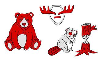 flat illustration of a set of red Canadian animals with a black outline and texture. Bear, beaver, moose horns. A bright isolated animal, the theme of Canada Day, on a white background vector