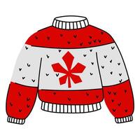 Knitted red striped sweater with a maple leaf in a flat style. An illustration with a linear contour in red and white colors. A warm sweater with a collar in the color of the Canadian flag. Canada Day vector