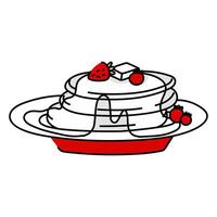flat illustration of delicious fluffy pancakes lying on a plate. Pancakes are doused with maple syrup and decorated with fresh berries. Illustration is made in red and white with a thin black outline vector