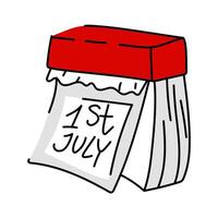 A flat illustration of a calendar with loose leaves. The date on the calendar is July 1, Canada Day. The image is made in bright colors red, white and sulfur outline. A holiday item vector