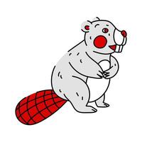 flat illustration of a beaver in red and white colors, stylized as the Canadian flag. Beaver is depicted in a characteristic pose, with a raised paw and large teeth. Canadian animals Canada Day vector