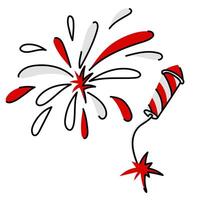 flat illustration of a fireworks display of flying droplets and a rocket, made in the form of stripes of red and white, stylized under the Canadian flag. Fireworks from flying droplets, an explosion vector