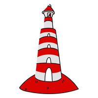 Flat illustration of a striped lighthouse, painted in red and white colors, standing on top in the grass. Illustration in the colors of the Canadian flag the subject of association with Canada. vector