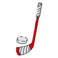 flat illustration of a hockey stick with a puck, made in red and white, stylized in the colors of the Canadian flag. The wooden red club is rewound with a ribbon. A white washer. Isolated items vector
