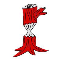 A flat illustration of a tree gnawed by a beaver in red. The tree is depicted with characteristic traces of beaver teeth, made in the form of a red spot like bark, white inside vector
