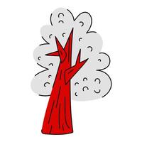 flat illustration of a tree with a thick red trunk and a lush white crown, stylized as the Canadian flag. The trunk of a tree with branches is very wide, the crown is very fluffy with a leaf texture. vector