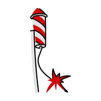 flat illustration of a fireworks rocket taking off on a stick, made in red and white, stylized as the Canadian flag. Rocket from a fireworks display with a bright fire. Bright colors of isolated vector