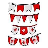 Set of flags strung on a string for the holiday. Flags are painted in the colors of the Canadian flag red, white with a maple leaf. It is ideal for decorating festive events, postcards for Canada Day. vector
