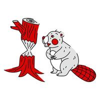 flat illustration of a beaver in red and white colors with a gnawed tree, stylized as the Canadian flag. beaver with big teeth and a tree. it gnaws to create a dam. Canadian animals. Canada Day vector
