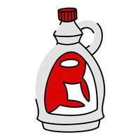 Flat illustration of a glass bottle with maple syrup. The white bottle has a classic shape with a handle, a twist-up lid and a label with a red maple leaf on it. An isolated object on white vector