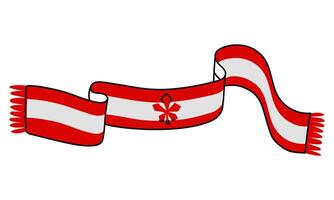 Knitted long scarf with maple leaf in a flat style. An illustration with a linear outline in red and white. Warm items of clothing for neck heating in the color of the Canadian flag. Canada Day vector