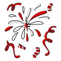 A flat illustration of a variety of confetti and fireworks, made in the form of stripes of red and white, stylized under the Canadian flag. Confetti and fireworks from flying droplets. vector