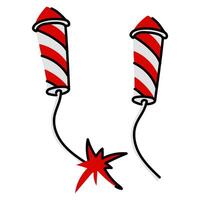 flat illustration of a set of a fireworks rocket taking off on a stick and a regular one, made in red, white, stylized as the Canadian flag. rocket from a fireworks display with bright fire. Bright vector