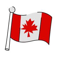 Flat illustration of the Canadian flag. Classic design with a red maple leaf on a white field surrounded by red stripes. Flag is displayed on the flagpole in an isolated red-white with a black outline vector