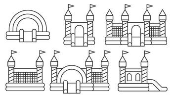 Bouncy castle icons set. Inflatable house trampoline with slide for jumping. Playground outline pictograms for kids zone amusement park and summer party. Inflated elastic equipment vector