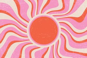 Sunrays retro background. Summer 70s poster. Abstract groovy design with grunge texture. Old paper banner with orange and pink spiral beams on yellow backdrop. vector