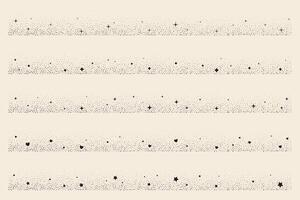 Magic decorative border with celestial stars and hearts. Shiny minimal frames with sparks. Abstract simple cosmic patterns set vector