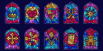 Church glass windows. Gothic arch frame with medieval symbols. Vintage architecture elements. Stained color mosaic decoration set with crown, heart, shield and sword vector
