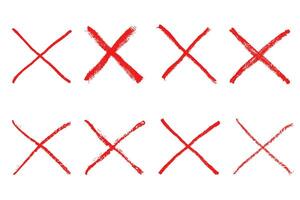 Red cross mark. Paint brushed crayon symbol of check. Hand drawn grunge sign of check, stamp of false and ban isolated on white background. Danger graffiti graphic logo vector