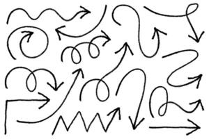 Arrow crayon hand drawn sketch. Pencil and chalk scribbles. Doodle charcoal textured grunge elements set. Curve swirl and spiral black marks on white background. vector