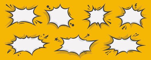 Manga speech bubble. Comic text frame with pop art halftone dotted effect. Balloon chat shape for dialog. Cloud for shock shout and scream action messages. Irregular cartoon decoration vector