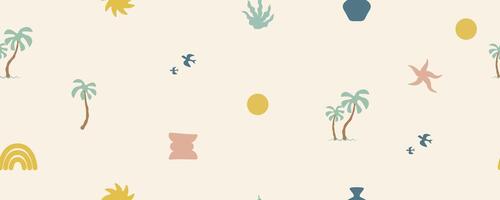 Groovy palm tree beach sun sea seamless pattern vector