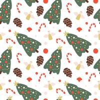 Cristmas seamless pattern comprising fir tree, angels, candy and pine cone. Cartoon background for paper, greeting card vector