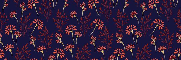 Summer pattern with abstract tiny floral stems and small branches on a dark background. hand drawing unique flowers. Simple ornament for designs, textile, cover, surface design, fabric vector