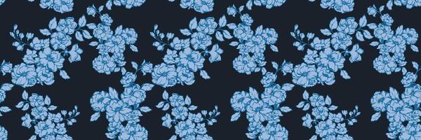 Seamless blue floral pattern on a dark background. Elegant botanical design. Hand drawing blooming meadow. Abstract artistic branches flower intertwined in a nature ornament. illustration vector