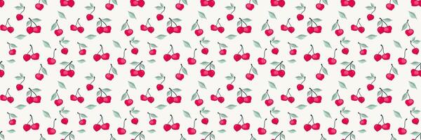 Summer light pattern with creative tiny cherry with small leaves. Abstract artistic red berries, fruits, leaf seamless print on a white background. hand drawing painted. Design ornament vector