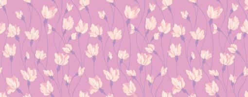 Pastel purple pattern with creative intertwined florals stems. Abstract branches with tiny flower buds seamless print on a violet background. hand drawing. Simple ornament for designs, textiles vector