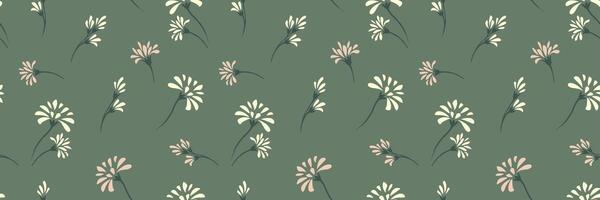 Minimalist pattern with abstract unique tiny flowers and small buds. hand drawing. Creative little floral seamless print on a green background. Plain ornament for designs, textile, cover vector